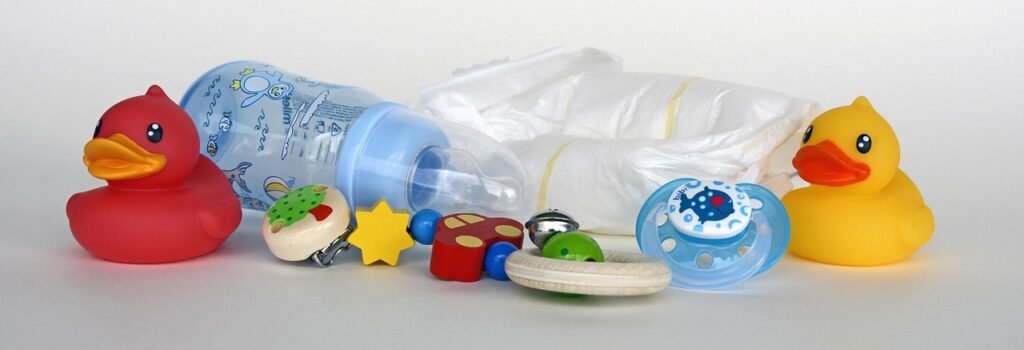 toddler baby bottle, pacifier/binkie, rubber ducks, etc.